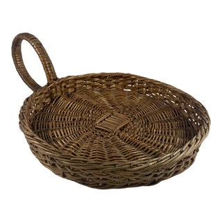 Vintage Woven Basket Tray With Handle For Sale