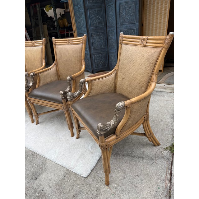 Set of 4 Asian Chinoiserie Faux Bamboo Armchairs With Sculptural Metal Fish Motifs For Sale - Image 10 of 17