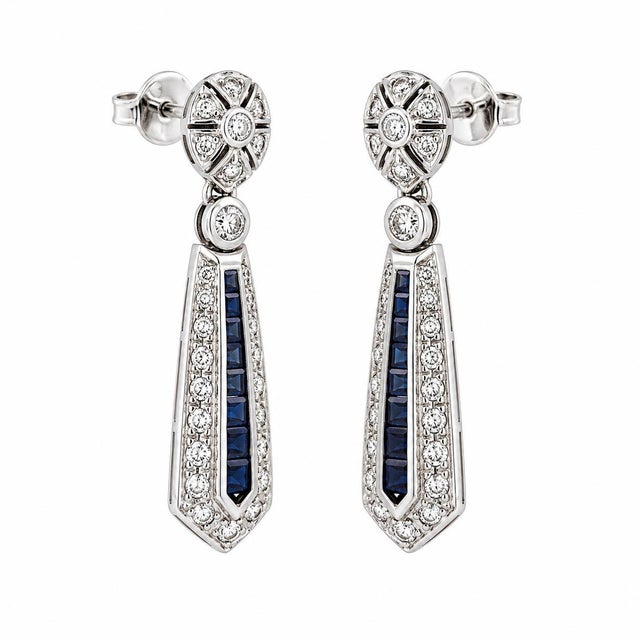 Mid-Century Modern Mid 20th Century Pair of 18k Diamond & Sapphire Earrings For Sale - Image 3 of 4