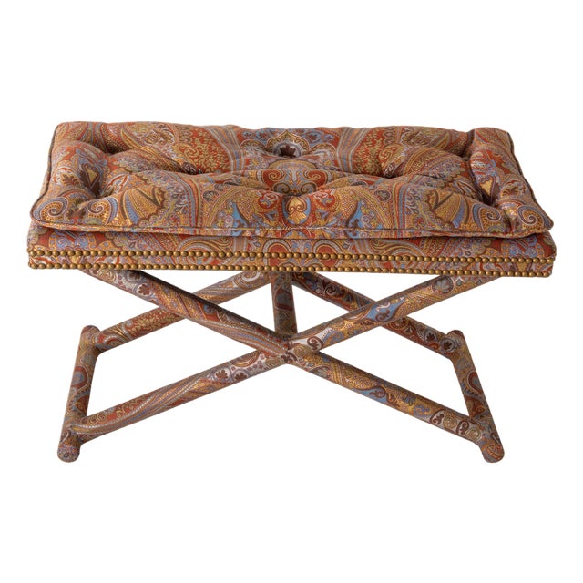 Mid-Century Modern Paisley Upholstered Bench, USA, 1980s Billy Baldwin style For Sale
