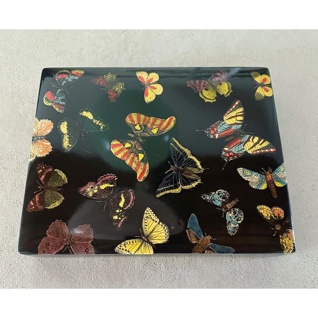 Vintage decorative rectangular lacquered walnut wood box with butterfly motif / designed by Piero Fornasetti, made in...