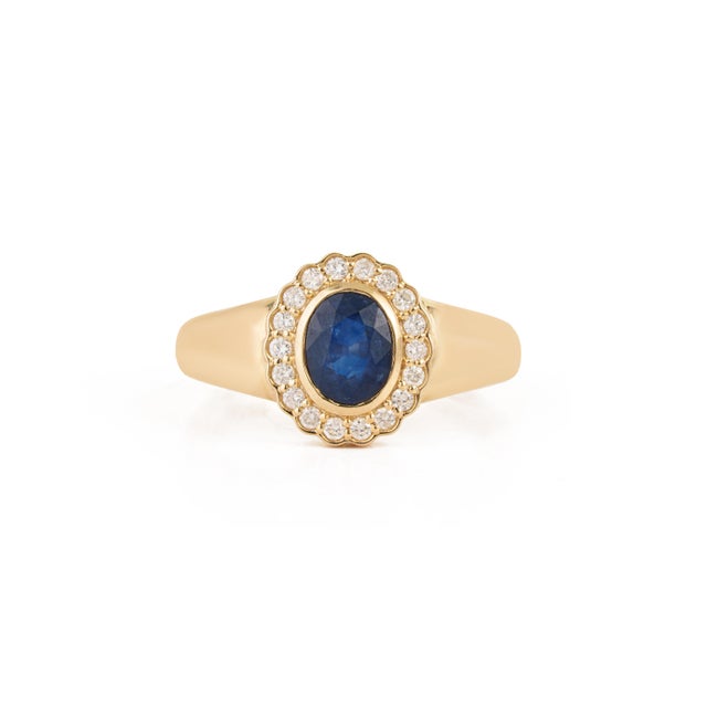 VR Jewels 1.12ct Blue Sapphire & Diamond Bezel Chunky Ring 14k Yellow Gold Size 6.5 For Sale - Image 4 of 17