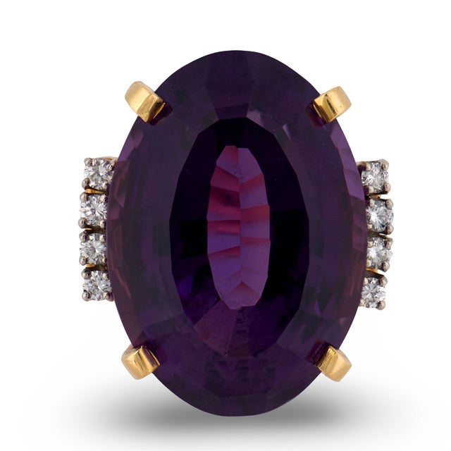 Mid-Century Modern Mid 20th Century Retro 25.40 Carat Amethyst Diamond 14k Yellow Gold Cocktail Ring, Size 3.75 For Sale - Image 3 of 6