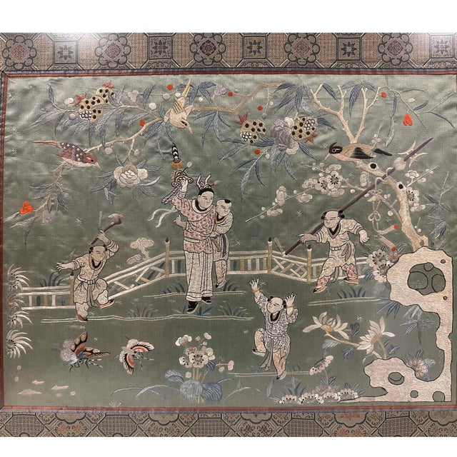 Green Late 19th-Century Framed Chinese Silk Embroidered Panel For Sale - Image 8 of 9