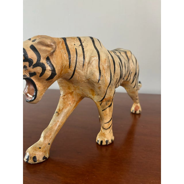 Hand crafted leather tiger sculpture. Likely Anglo Indian period after the turn of the century. Meticulously hand painted...