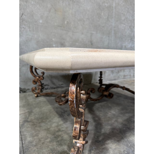 Metal Attributed to Kreiss Magellan Square Travertine Coffee Table Wrought Iron Base For Sale - Image 7 of 8