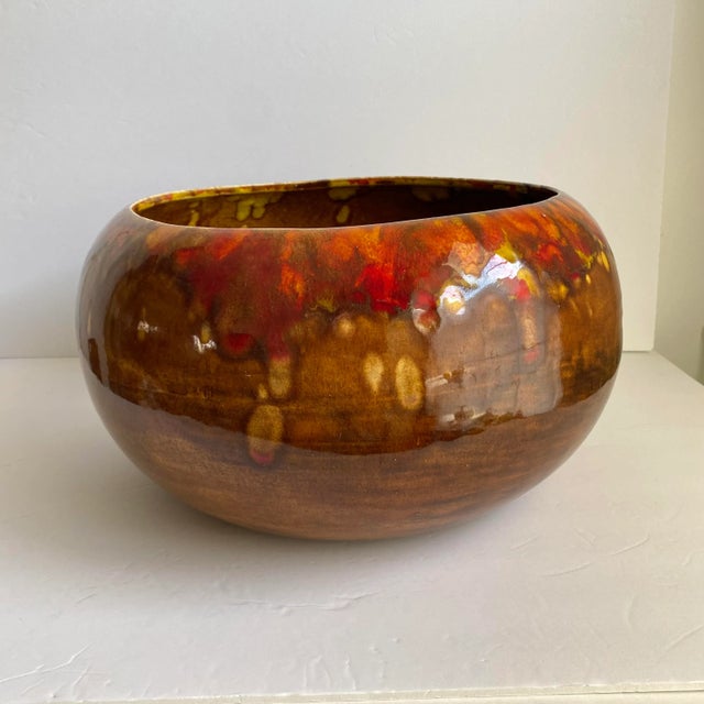 Mid-Century Modern Frank Moreno Usa Pottery XL Large Planter Brown Yellow Red Drip Glaze Signed Mid Century Modern 1960s For Sale - Image 3 of 11