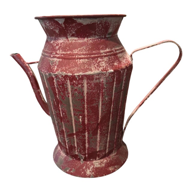 Vintage Distressed Red Tin Watering Can | Rustic Farmhouse Garden Vessel | Primitive Metal Pitcher Decor For Sale