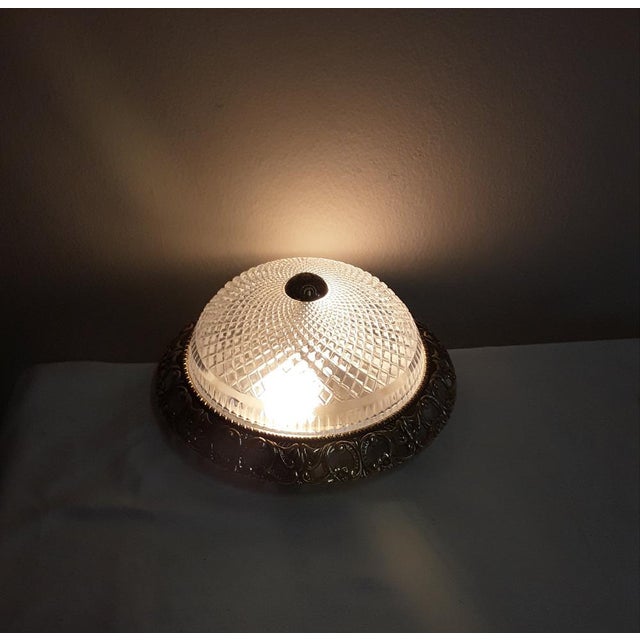 Vintage Flat Ceiling Lamp with Relief Glass Bowl on Gold-Colored Metal Mount, 1980s For Sale - Image 3 of 7