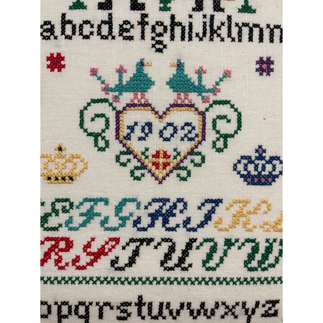 Vintage Hand-Stitched Cross Stitch Alphabet Sampler Needlework Folk Art Textile For Sale - Image 9 of 10