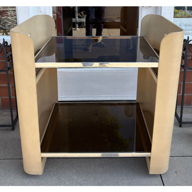 Glass Karl Springer Style Lizard Skin Leather Class Cocktail Bar Cart For Sale - Image 7 of 11