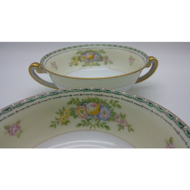 1930s 1930s Art Deco Atwater Pattern Japan Meito China Floral Double Handled Soup Bowls - Set of 2 For Sale - Image 5 of 5