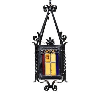 Antique Black Wrought Iron and Stained Glass Lantern, France, 1940s For Sale