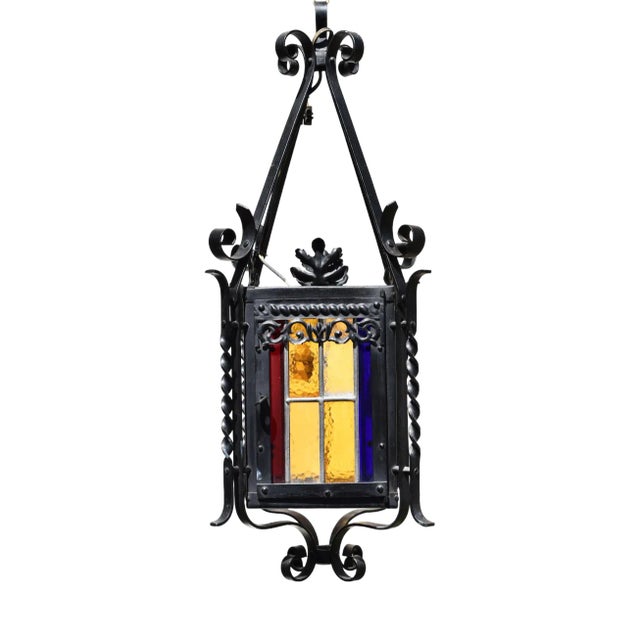 Antique Black Wrought Iron and Stained Glass Lantern, France, 1940s For Sale