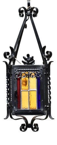 Antique Black Wrought Iron and Stained Glass Lantern, France, 1940s