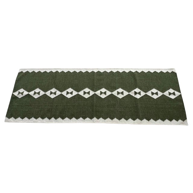 Handwoven New Zealand Wool, Natural Vegetable Dyed, Olive Green And Cream Geometric Patterned Runner Rug- 3'x8' These...