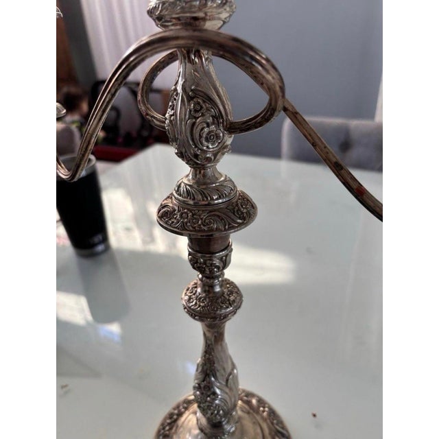 Metal Vintage Heritage Rogers Bros Ornate Silverplate 3-Arm Candelabra Pair For Sale - Image 7 of 11