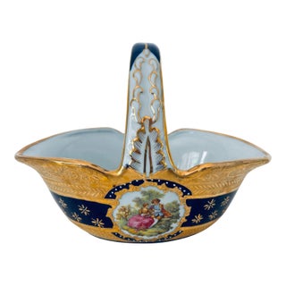 Cobalt Blue Porcelain Basket Vase With 22k Gold Encrustation and Romantic Scene For Sale