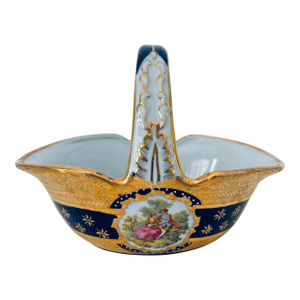 Cobalt Blue Porcelain Basket Vase With 22k Gold Encrustation and Romantic Scene