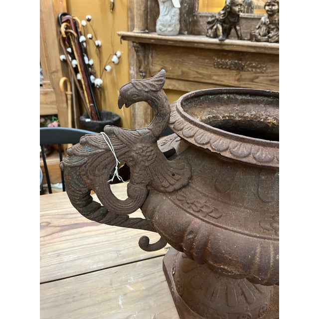 Rustic Early 20th Century Cast Iron Urn With Dragon Handles For Sale - Image 3 of 7