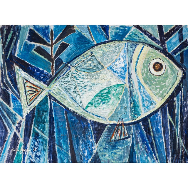 Werner Kreuzhage, Blue Fish, Oil Painting on Wood, 1955 For Sale - Image 12 of 12