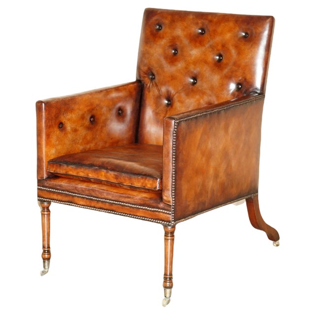 George III Brown Leather Chesterfield Armchair, 1780s For Sale
