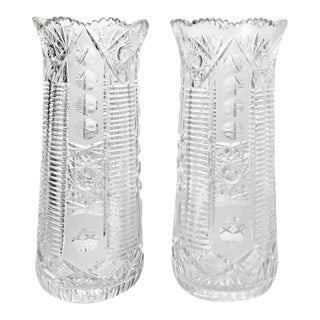 1940s Pair of American Brilliant Cut Crystal Glass Cylinder Vases For Sale