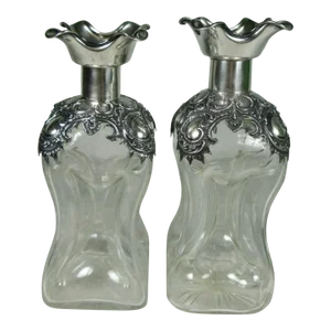 Antique Wilhelm Binder 800 Silver Overlay Pinched Glass Art Nouveau Decanters- Set of 2