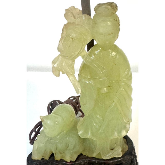 Black Chinese Carved Jadeite Guanyin with Cat, Mounted as a Lamp, Circa 1920s For Sale - Image 8 of 12