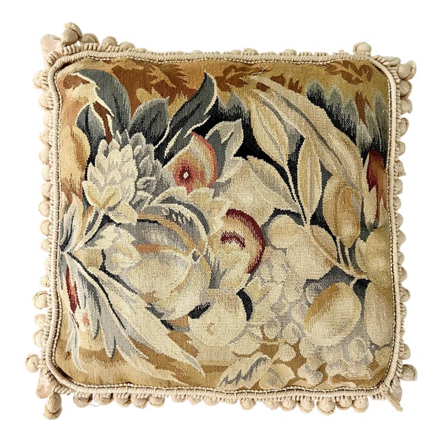 Early 20th Century Aubusson Tapestry Pillow With Cord and Pom Pom Trim For Sale