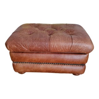 1990s Vintage Ralph Lauren Style Cognac Leather Trunk Ottoman For Sale