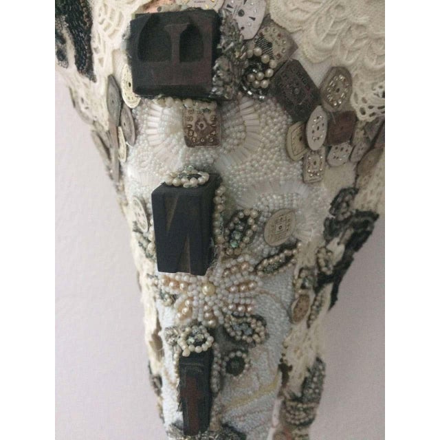 Large Mixed Media Skull Sculpture With Lace and Pearls For Sale - Image 12 of 13