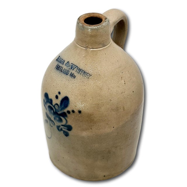 Ceramic Scarce Antique American Blue Decorated Stoneware 1 Gallon Jug From Historic Portland Maine Merchant Kendal & Whitney For Sale - Image 7 of 18