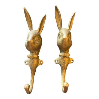 Pair of Fun Vintage Slightly Patinated Brass Mr. Rabbit Playboy Style Bunny Coat Hooks 6.75"x 2" For Sale