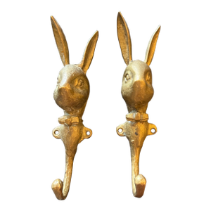 Pair of Fun Vintage Slightly Patinated Brass Mr. Rabbit Playboy Style Bunny Coat Hooks 6.75"x 2"