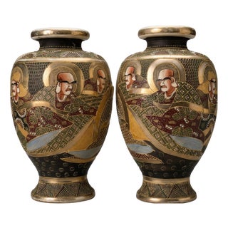 Japanese Satsuma Polychrome Vases with Gilt Decoration and Figures, 1890s, Set of 2 For Sale