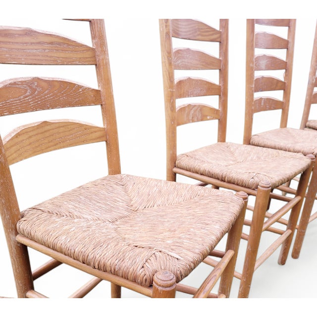 Vintage French Farmhouse Ladderback Dining Chairs in Oak with Rush Seats, 1950s, Set of 4 For Sale - Image 6 of 13