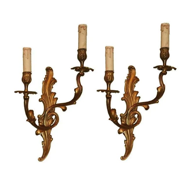 Pair of French Louis XV Style Gilt Bronze Two-Arm Wall Sconces, 1920s For Sale - Image 10 of 10