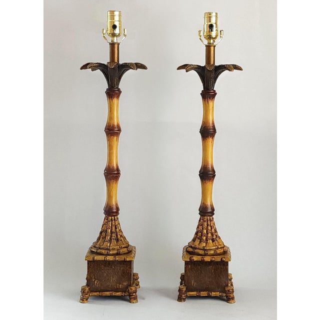 Vintage Tropical Palm Tree Table Lamps With Bamboo Shades Restored - A Pair For Sale In Miami - Image 6 of 13