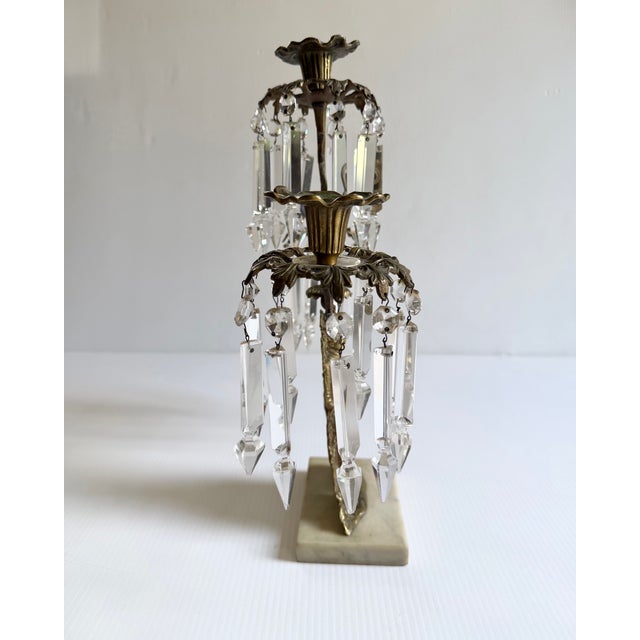 Antique Brass Soldier Victorian 3 Arm Girandole Candlestick With Marble Base & Prisms For Sale - Image 12 of 17