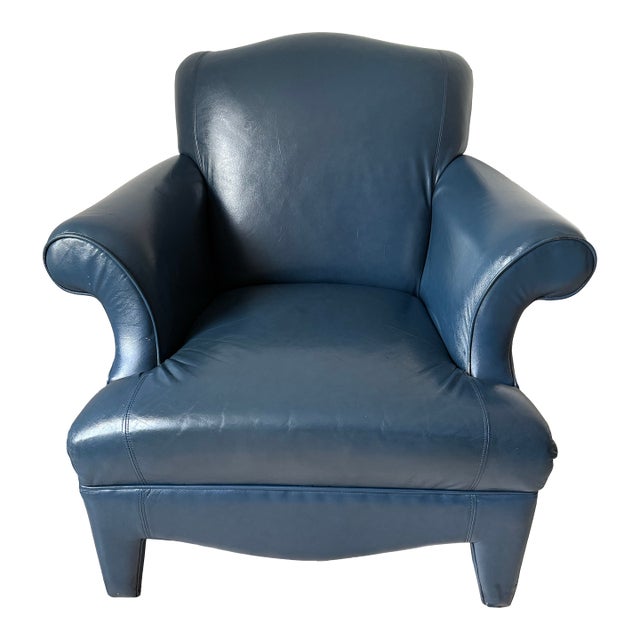 1990’s Mid Century Donghia Navy Blue Leather Club Chair For Sale