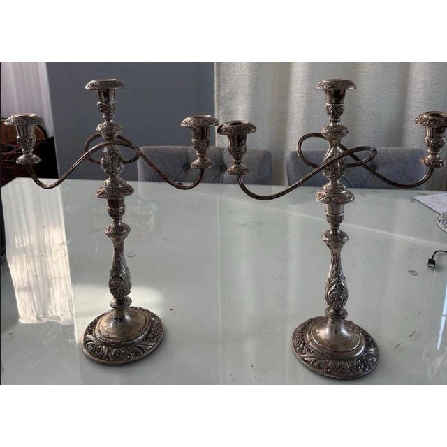 Vintage Heritage Rogers Bros Ornate Silverplate 3-Arm Candelabra Pair For Sale - Image 4 of 11