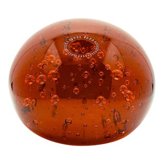 Vintage Mid-Century Murano Style Red Orange Bullicante Art Glass Paperweight – Hand-Blown Italian Style Desk Decor For Sale