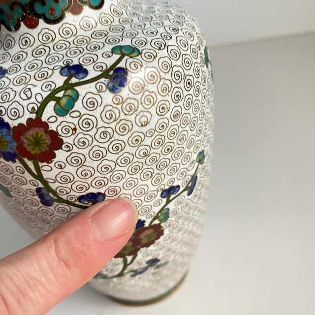 Cloisonné Vase Asian Chinoiserie Style White Cherry Blossom Floral 6" Tall For Sale - Image 9 of 12