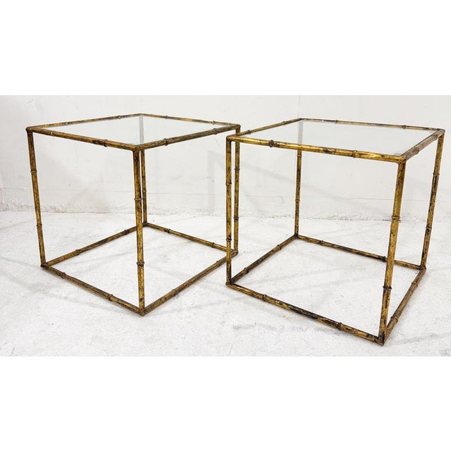 Pair of side tables in glass cube and gold metal imitation bamboo, style of Maison Baguès, Mid-century-Modern, France