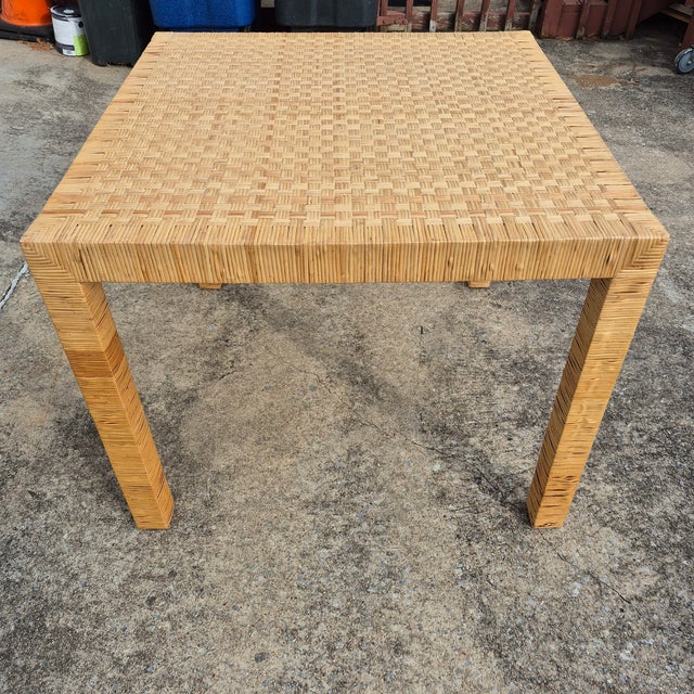 Wood 1970s Rattan Wrapped 36” Square Dining Table, After Bielecky Bros For Sale - Image 7 of 11