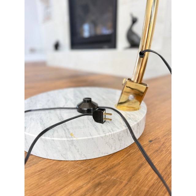 Vintage Italian Modern Brass Adjustable Arc Floor Lamp With Carrara Marble Base & Ribbed Acrylic Dome Shade For Sale - Image 4 of 9