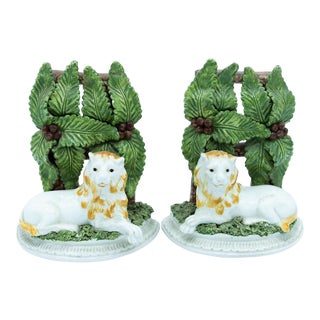 Vintage Palm Beach Regency Palm Tree and Lion Porcelain Bookends, Made in Italy- a Pair For Sale