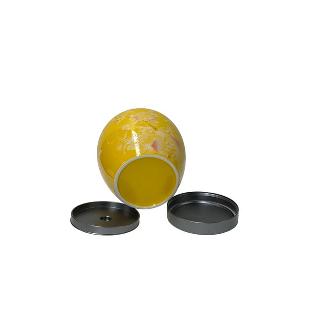 Yellow Bright Yellow White Floral Peonies Butterflies Bulbous Porcelain Metal Lid Jar For Sale - Image 8 of 8