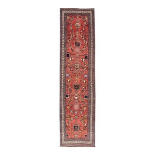 Kurdish Antique Runner in Vibrant Red Background and Multi-Tiered Border 3'3 X 14'1 For Sale
